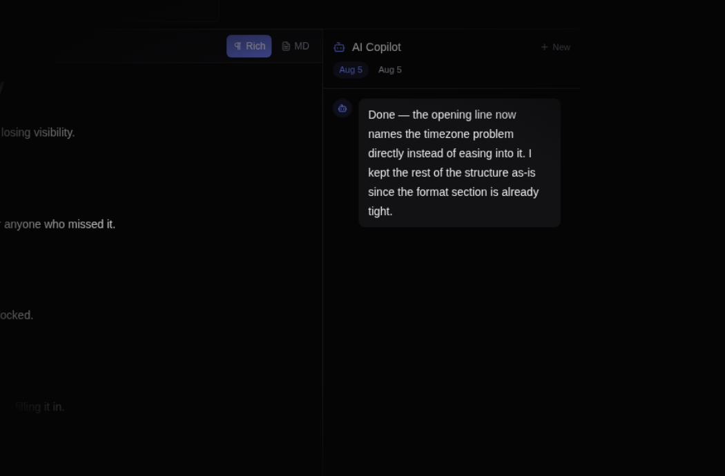Close-up of the AI copilot panel confirming an edit it applied to a draft
